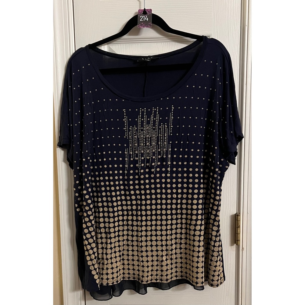 BLEU Woman Navy Blue Polka Dot Rhinestone Short Sleeve Top 2X